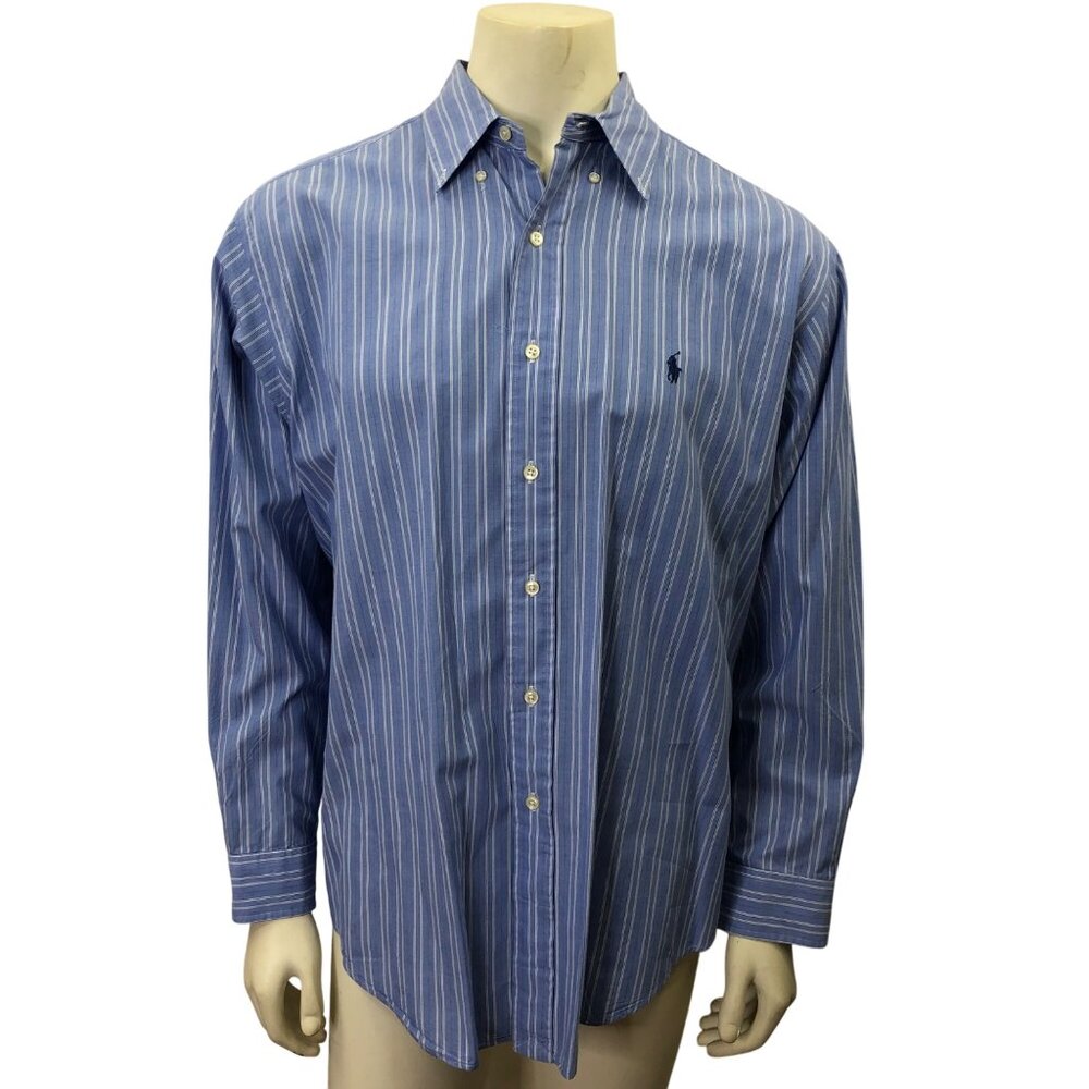 Ralph Lauren Mens Blue & White Striped Long-Sleeve Button-Down Shirt 16½ 34-35